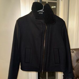 Vince navy blue wool coat with fuzzy collar and fur-lined trim inside